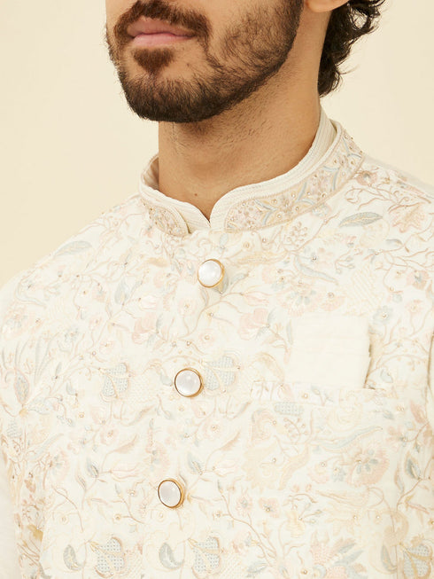Manyavar Warm White Bel Buti Patterned Kurta Jacket Set