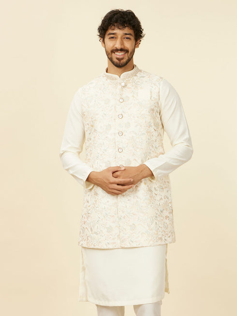 Manyavar Warm White Bel Buti Patterned Kurta Jacket Set
