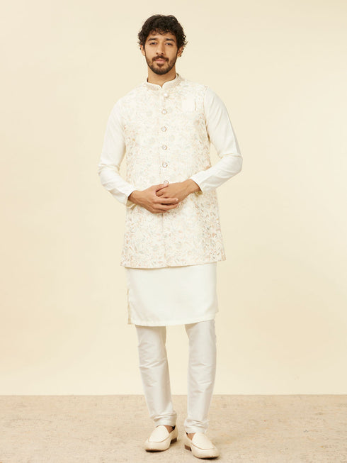 Manyavar Warm White Bel Buti Patterned Kurta Jacket Set
