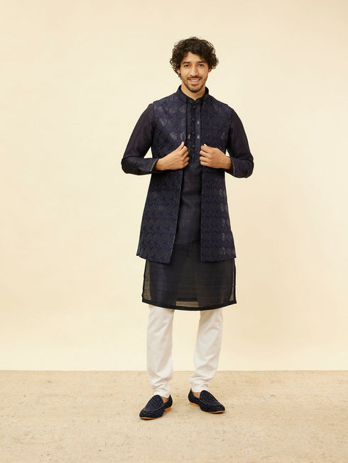 Manyavar Midnight Blue Sequinned Jaal Patterned Kurta Jacket Set