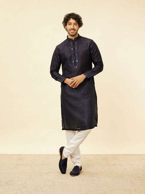 Manyavar Midnight Blue Sequinned Jaal Patterned Kurta Jacket Set