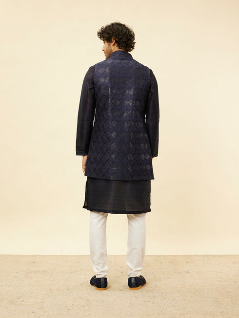 Manyavar Midnight Blue Sequinned Jaal Patterned Kurta Jacket Set