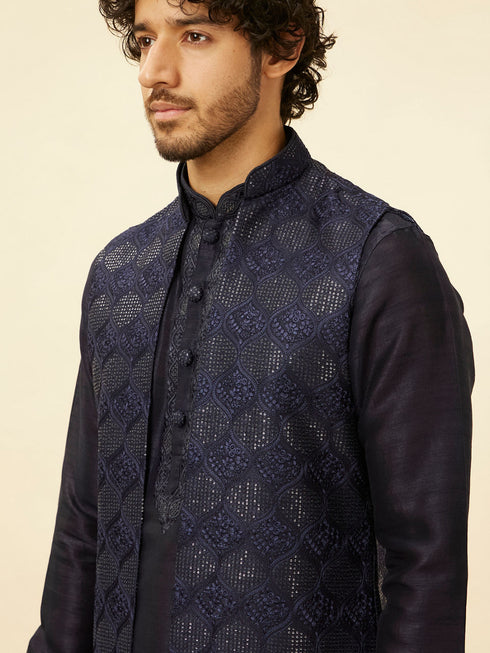 Manyavar Midnight Blue Sequinned Jaal Patterned Kurta Jacket Set