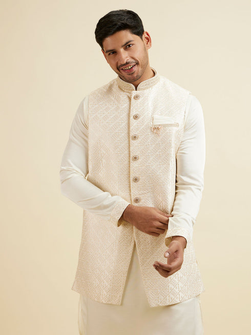 Manyavar Cream Self Patterned Jacket Set