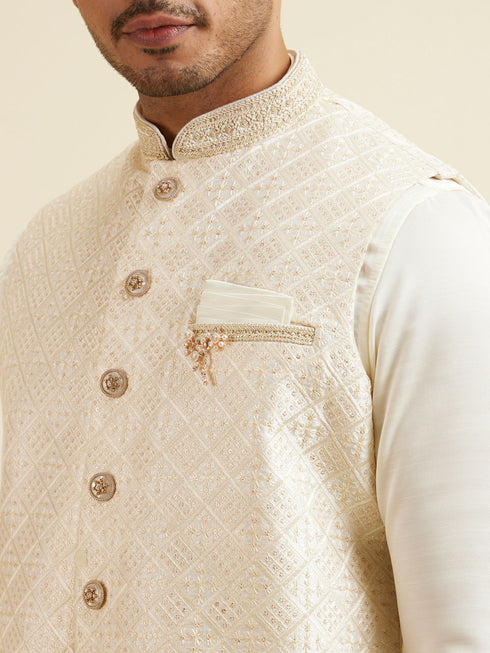 Manyavar Cream Self Patterned Jacket Set