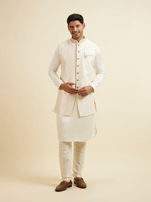 Manyavar Cream Self Patterned Jacket Set