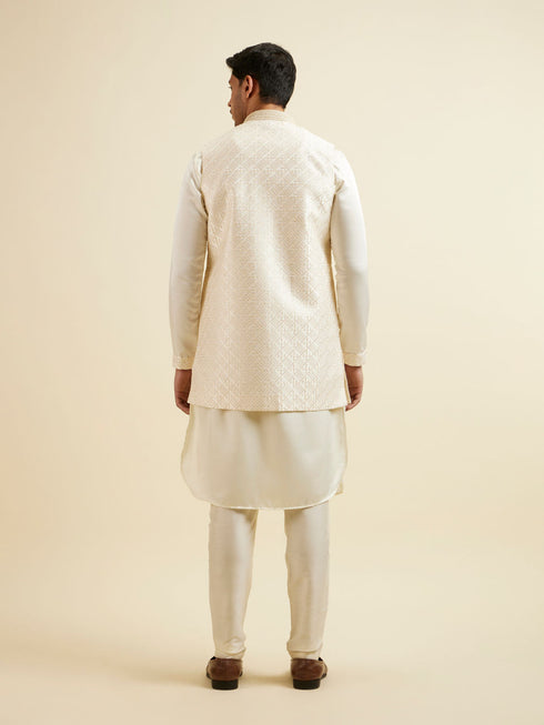 Manyavar Cream Self Patterned Jacket Set