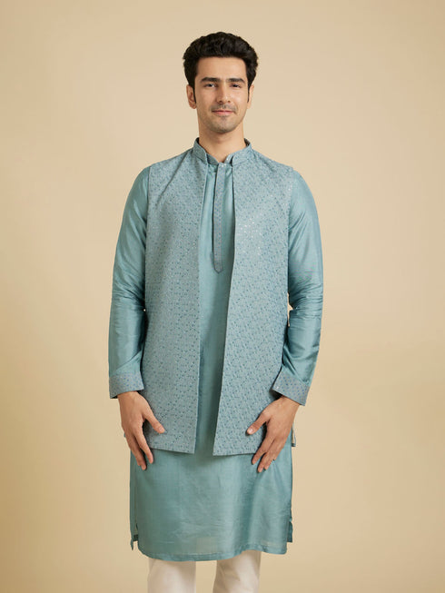 Manyavar Light Blue Buta Embroidered Jacket Set with Sequins Work