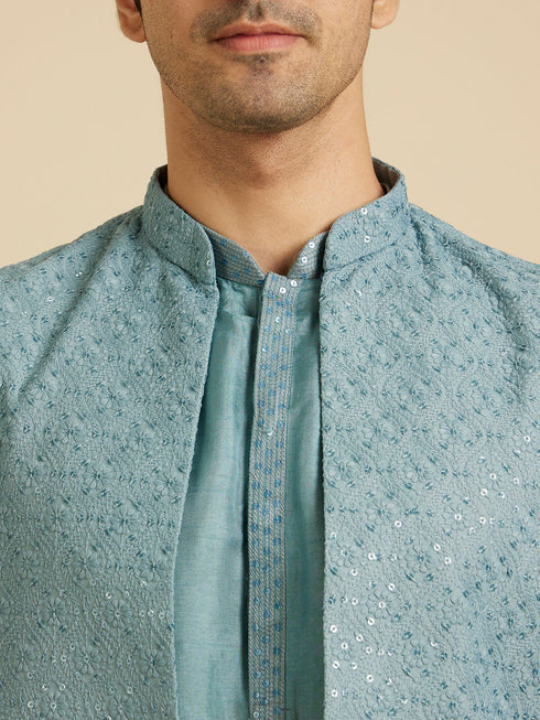 Manyavar Light Blue Buta Embroidered Jacket Set with Sequins Work
