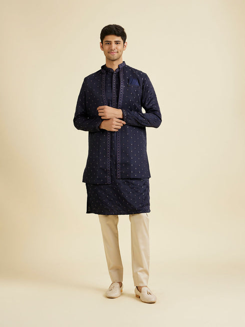 Manyavar Classy Dark Blue Kurta Jacket Set