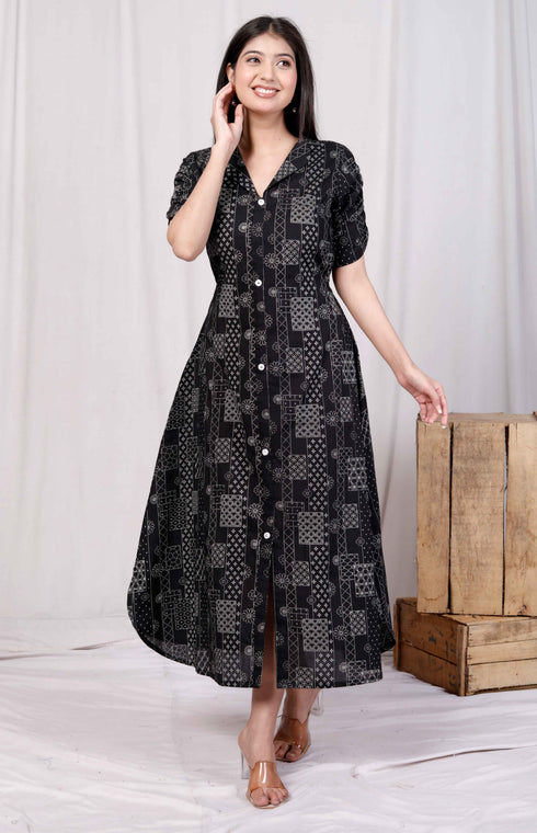 Miravan Womens Pure Cotton Black Floral Printed Front Button A Line Midi Dress