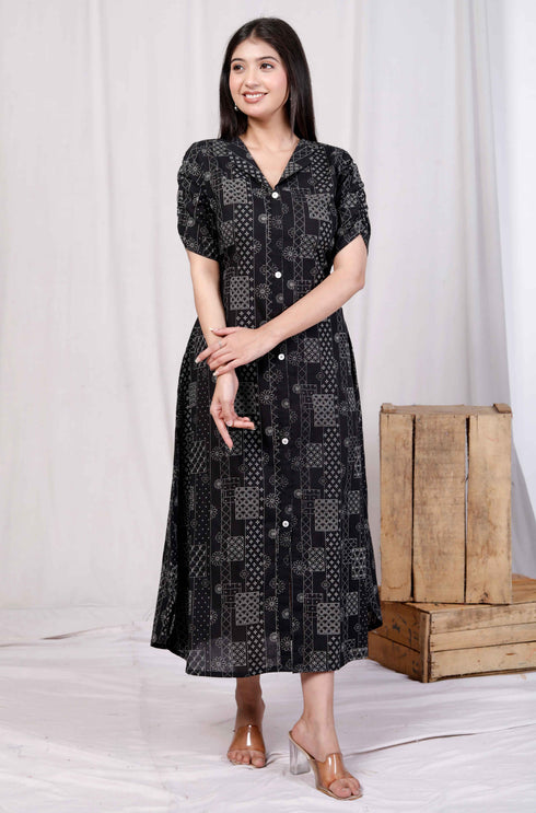 Miravan Womens Pure Cotton Black Floral Printed Front Button A Line Midi Dress