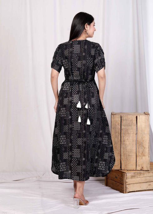 Miravan Womens Pure Cotton Black Floral Printed Front Button A Line Midi Dress