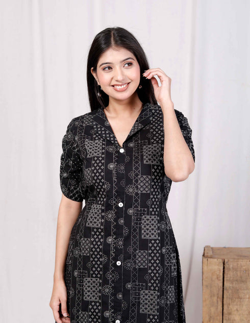 Miravan Womens Pure Cotton Black Floral Printed Front Button A Line Midi Dress