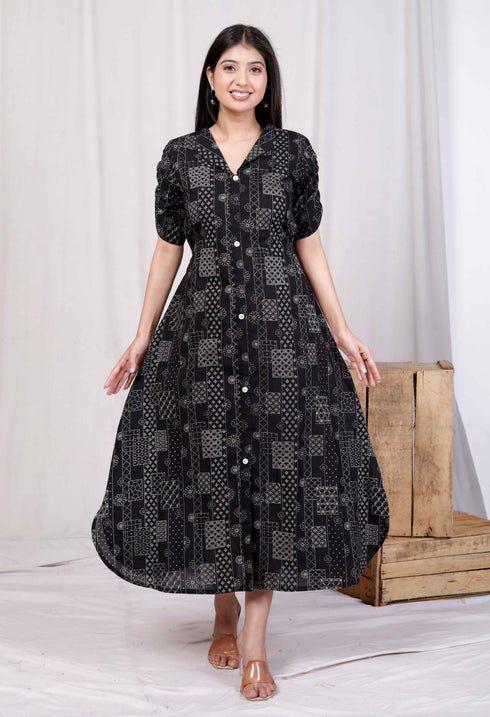 Miravan Womens Pure Cotton Black Floral Printed Front Button A Line Midi Dress
