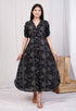 Miravan Womens Pure Cotton Black Floral Printed Front Button A Line Midi Dress