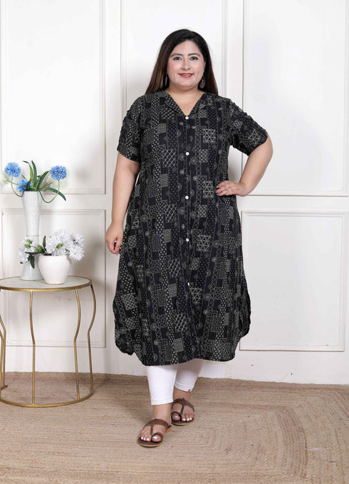 Miravan WOMENS Plus Size Pure Cotton Black Floral Printed Front Button A Line Kurta