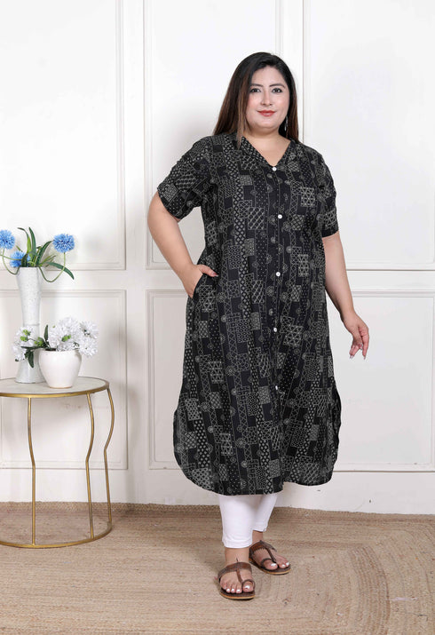 Miravan WOMENS Plus Size Pure Cotton Black Floral Printed Front Button A Line Kurta