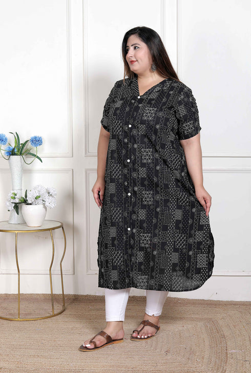 Miravan WOMENS Plus Size Pure Cotton Black Floral Printed Front Button A Line Kurta