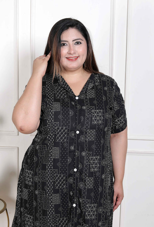 Miravan WOMENS Plus Size Pure Cotton Black Floral Printed Front Button A Line Kurta