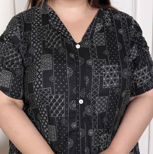 Miravan WOMENS Plus Size Pure Cotton Black Floral Printed Front Button A Line Kurta