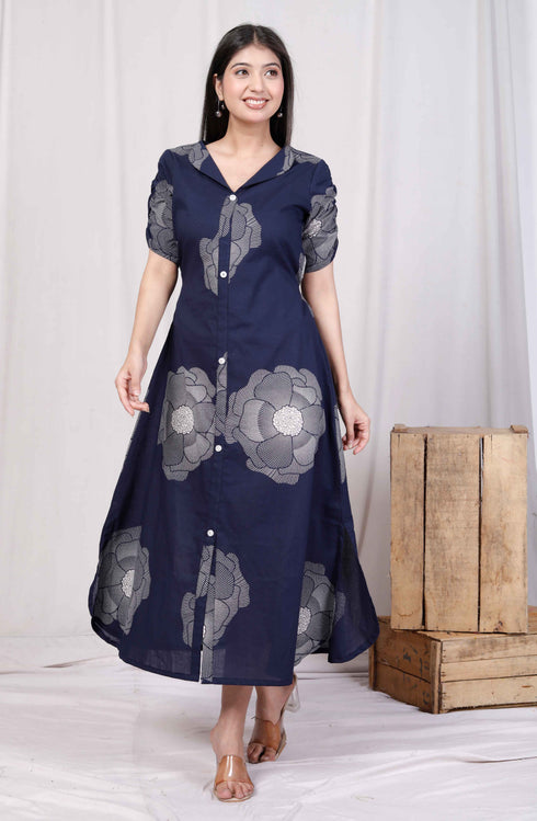 Miravan Womens Blue Floral Printed Front Buttoned A Line Maxi Dress
