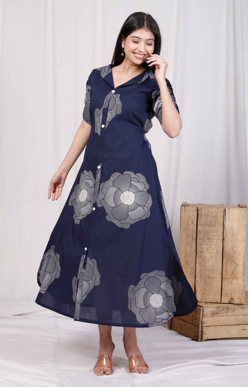Miravan Womens Blue Floral Printed Front Buttoned A Line Maxi Dress