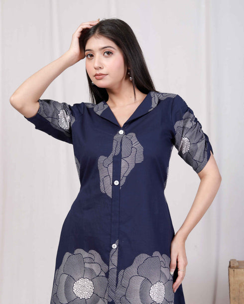 Miravan Womens Blue Floral Printed Front Buttoned A Line Maxi Dress
