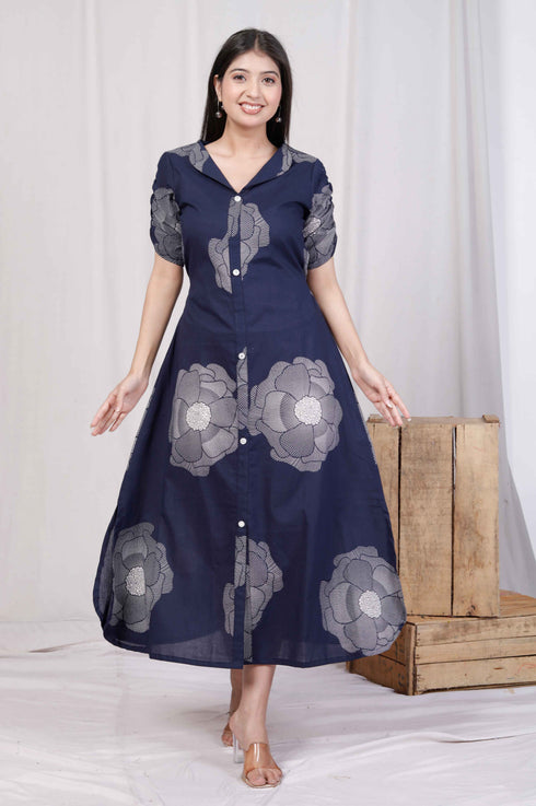 Miravan Womens Blue Floral Printed Front Buttoned A Line Maxi Dress