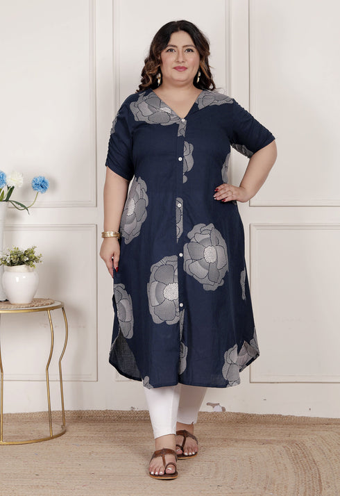 Miravan Womens Plus Size Blue Floral Printed Front Buttoned A Line Kurta Dress