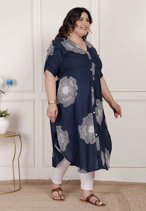 Miravan Womens Plus Size Blue Floral Printed Front Buttoned A Line Kurta Dress