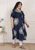 Miravan Womens Plus Size Blue Floral Printed Front Buttoned A Line Kurta Dress
