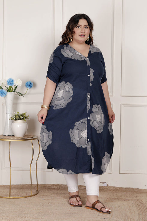 Miravan Womens Plus Size Blue Floral Printed Front Buttoned A Line Kurta Dress