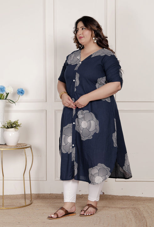 Miravan Womens Plus Size Blue Floral Printed Front Buttoned A Line Kurta Dress
