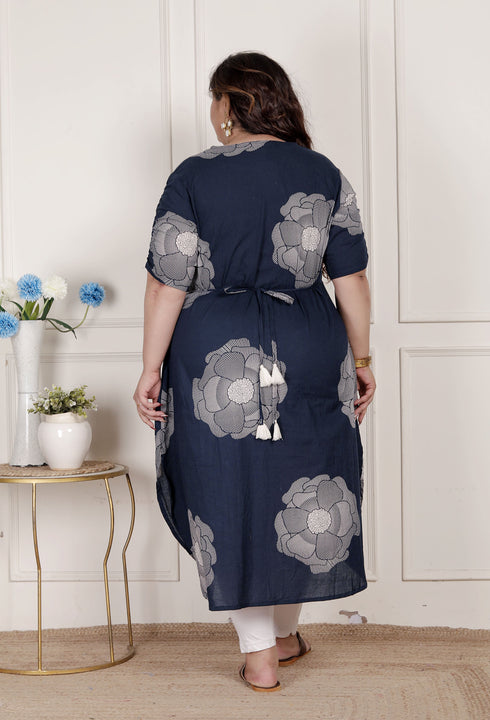Miravan Womens Plus Size Blue Floral Printed Front Buttoned A Line Kurta Dress