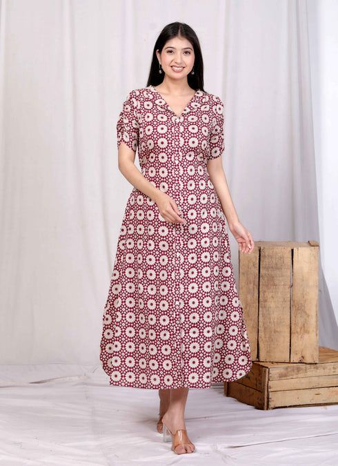 Miravan Womens Cotton Floral Printed Cream A Line Maxi Dress with Buttons