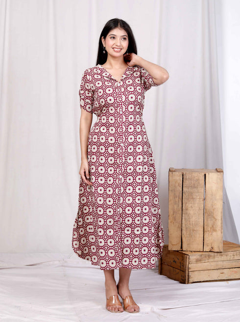 Miravan Womens Cotton Floral Printed Cream A Line Maxi Dress with Buttons
