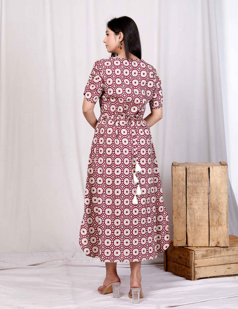 Miravan Womens Cotton Floral Printed Cream A Line Maxi Dress with Buttons