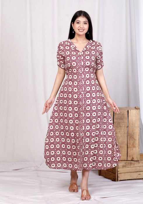 Miravan Womens Cotton Floral Printed Cream A Line Maxi Dress with Buttons