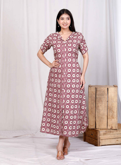 Miravan Womens Cotton Floral Printed Cream A Line Maxi Dress with Buttons