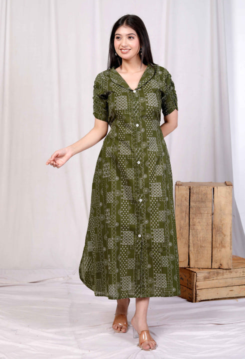 Miravan Womens Pure Cotton Floral Printed Green Button Down A Line Midi Dress