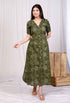Miravan Womens Pure Cotton Floral Printed Green Button Down A Line Midi Dress