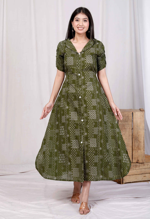 Miravan Womens Pure Cotton Floral Printed Green Button Down A Line Midi Dress