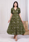 Miravan Womens Pure Cotton Floral Printed Green Button Down A Line Midi Dress