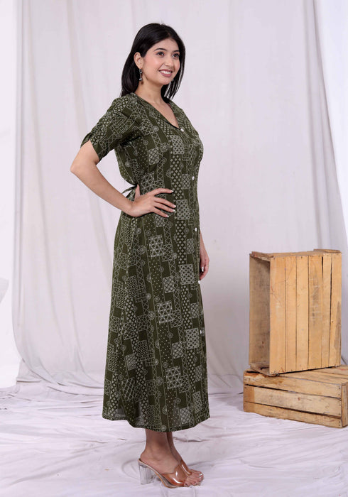 Miravan Womens Pure Cotton Floral Printed Green Button Down A Line Midi Dress