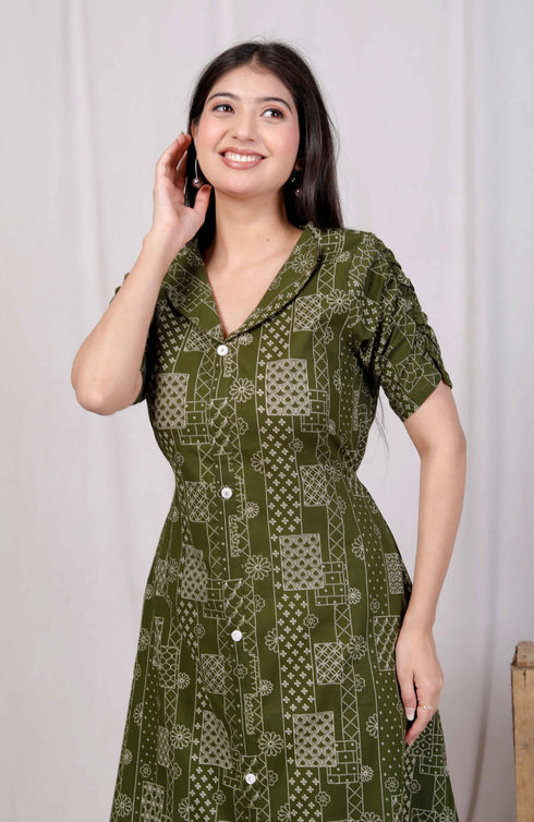 Miravan Womens Pure Cotton Floral Printed Green Button Down A Line Midi Dress