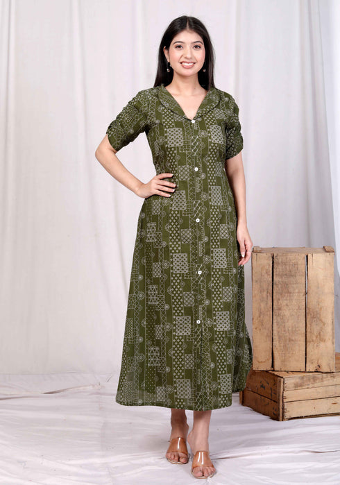 Miravan Womens Pure Cotton Floral Printed Green Button Down A Line Midi Dress