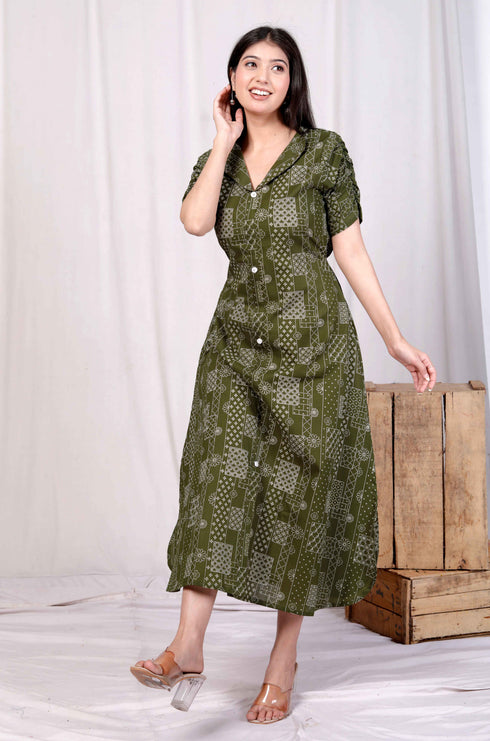 Miravan Womens Pure Cotton Floral Printed Green Button Down A Line Midi Dress