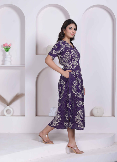Miravan Womens Floral Printed A line Shirt Collar Maxi Dress