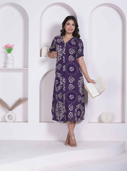 Miravan Womens Floral Printed A line Shirt Collar Maxi Dress